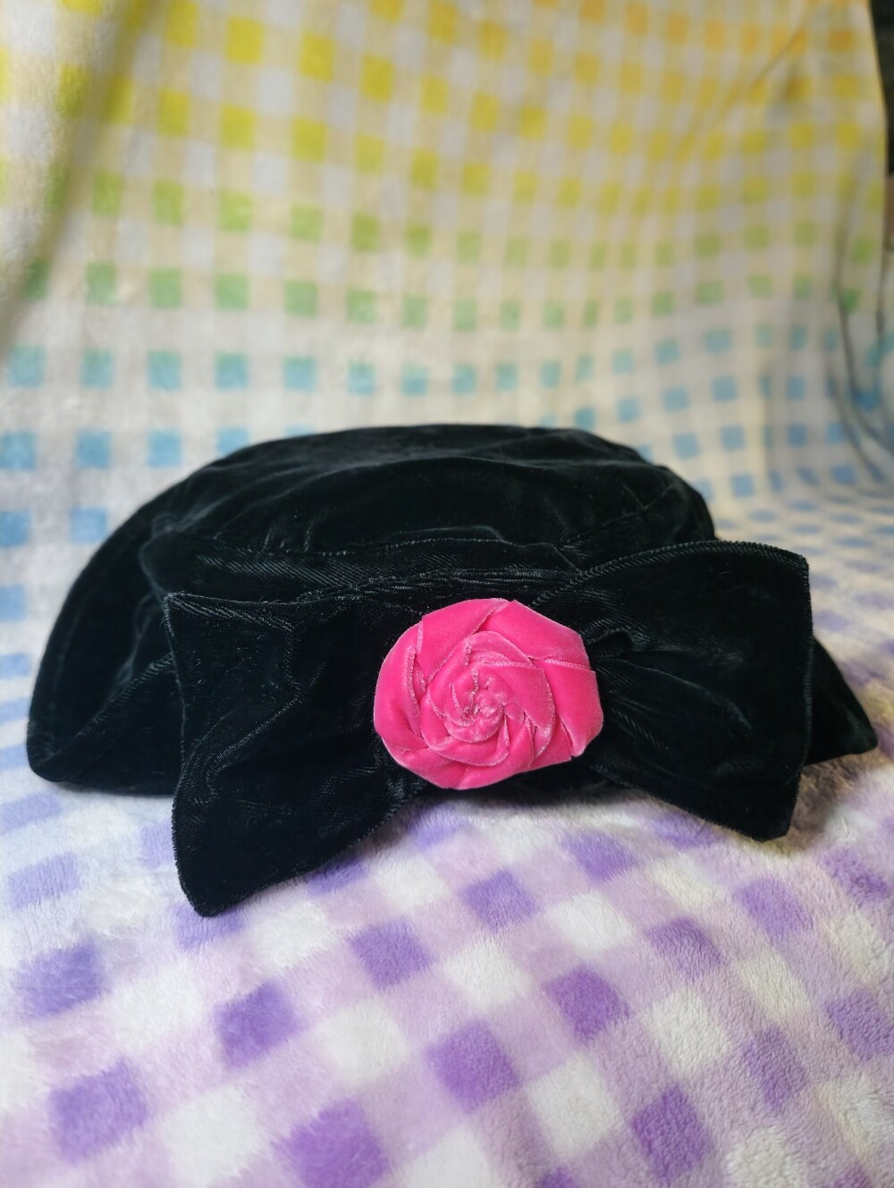 "Dionne" Black Velvet Beret Hat with Pink Rose Accent